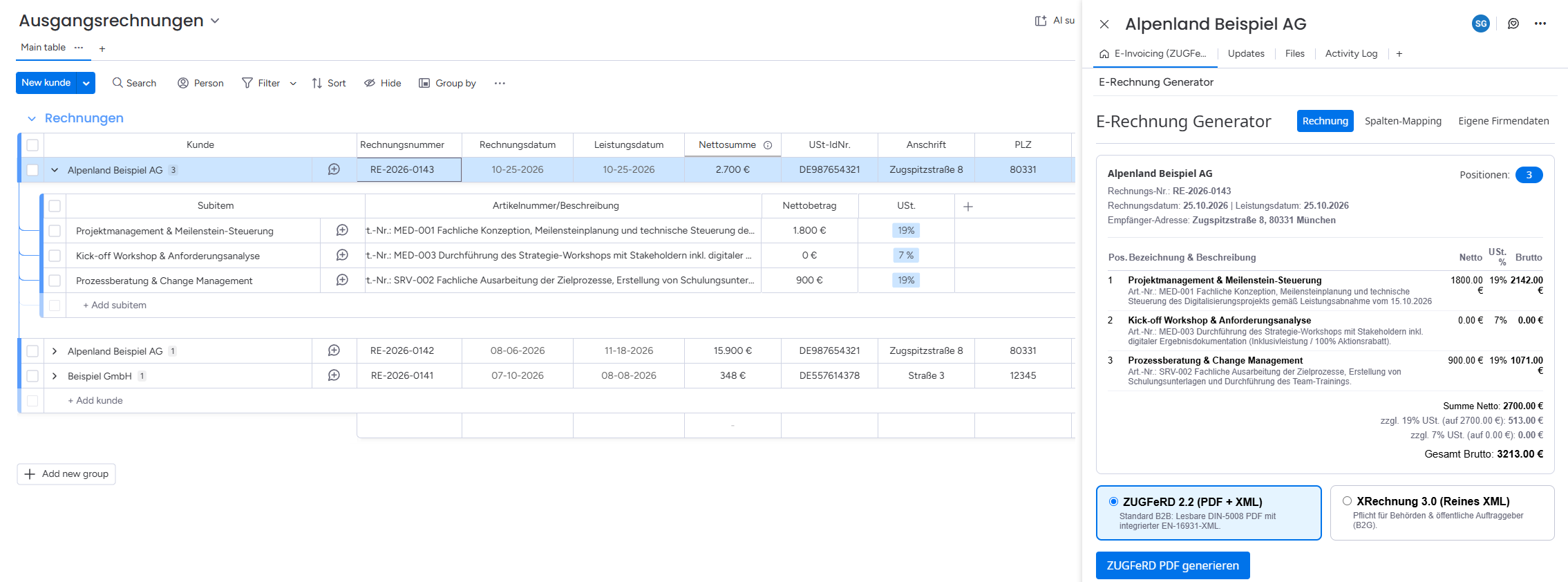 monday.com E-Rechnung Screenshot